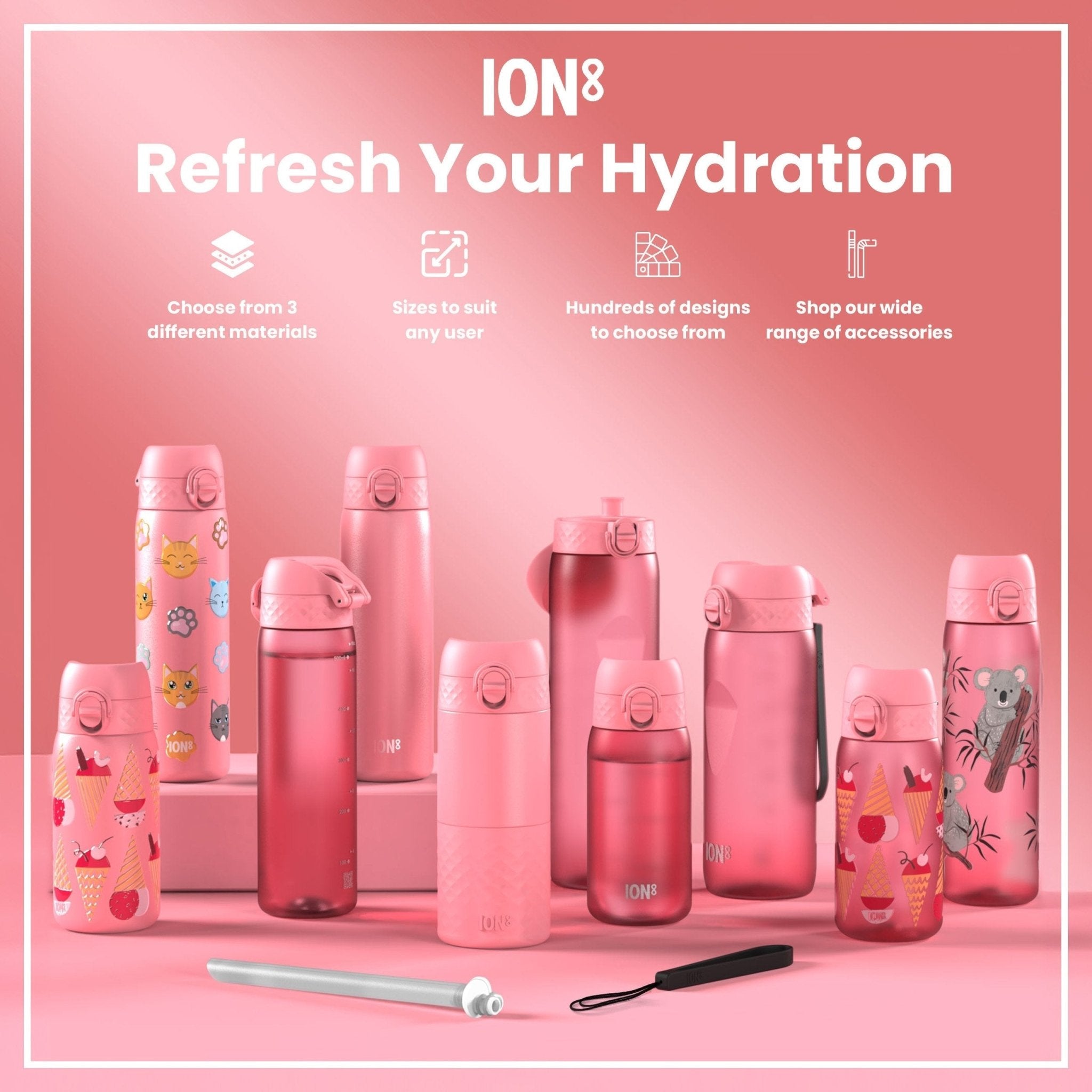 ION8 Recyclon leak-proof kids water bottle with ice cream design, 350ml capacity, made of durable recyclable materials