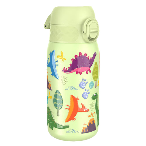 Ion8 leak-proof thermal steel water bottle with dinosaur design, insulated 320ml (11oz) for hot and cold beverages.