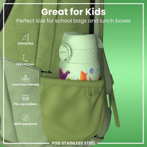 ION8 leak-proof thermal steel water bottle with dinosaur design, 320ml insulated water bottle for hot or cold drinks