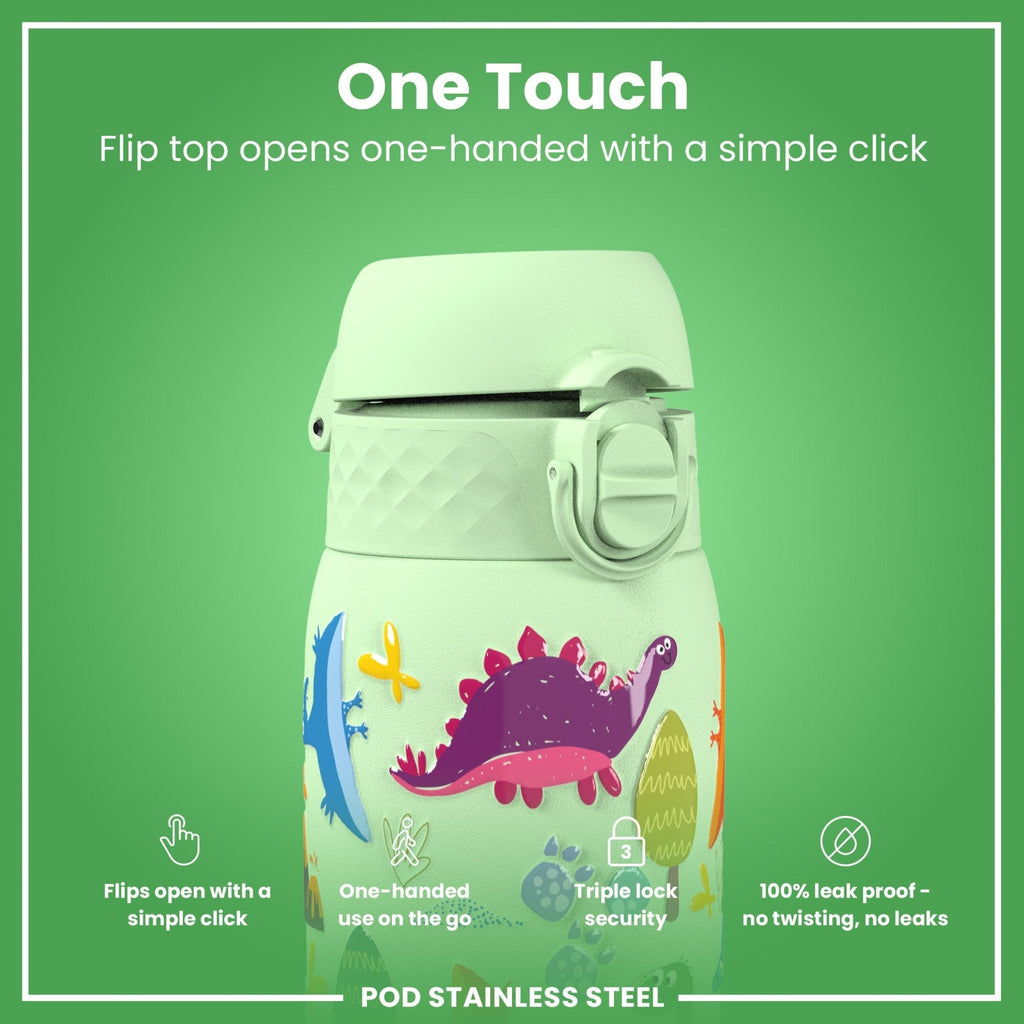 ION8 leak-proof thermal steel water bottle with dinosaur design, insulated 320ml (11oz) for hot and cold drinks.