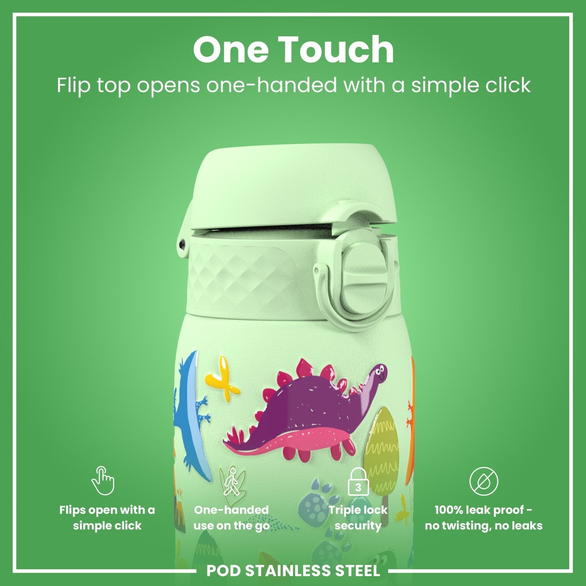ION8 leak-proof thermal steel water bottle with dinosaur design, insulated 320ml (11oz) for hot and cold drinks.