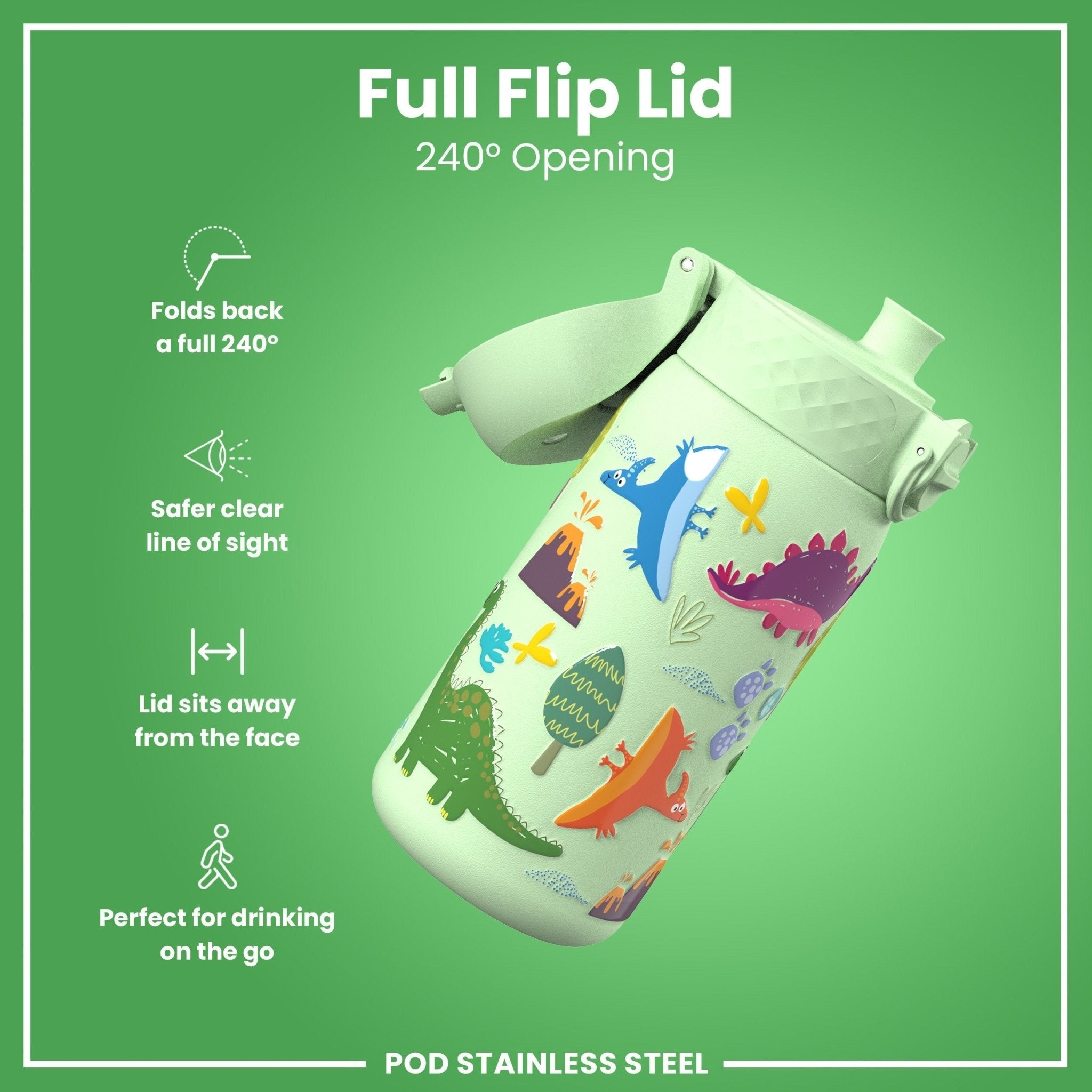 Ion8 leak-proof thermal steel water bottle with dinosaur design, insulated 320ml (11oz) for hot and cold beverages.