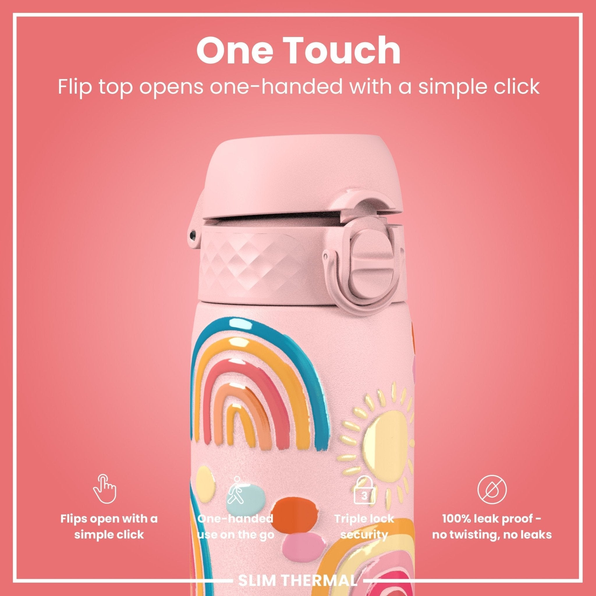 Ion8 leak-proof slim thermal steel water bottle with rainbow design, 500ml insulated water bottle for hot and cold drinks