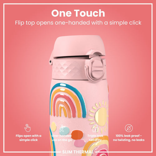 Ion8 leak-proof slim thermal steel water bottle with rainbow design, 500ml insulated water bottle for hot and cold drinks