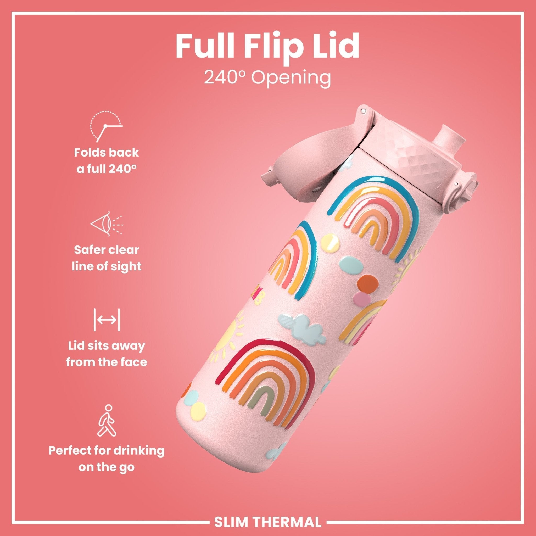 ION8 leak-proof slim thermal steel water bottle with rainbow design, insulated 500ml (17oz) for hot or cold beverages.