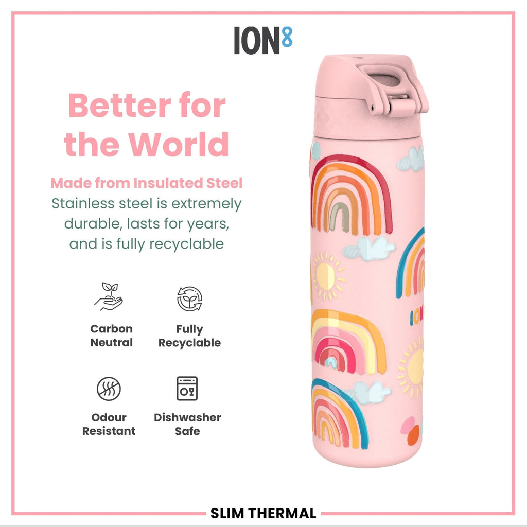 Ion8 leak-proof slim thermal steel water bottle with rainbow design, insulated, 500ml (17oz) for hot and cold beverages.