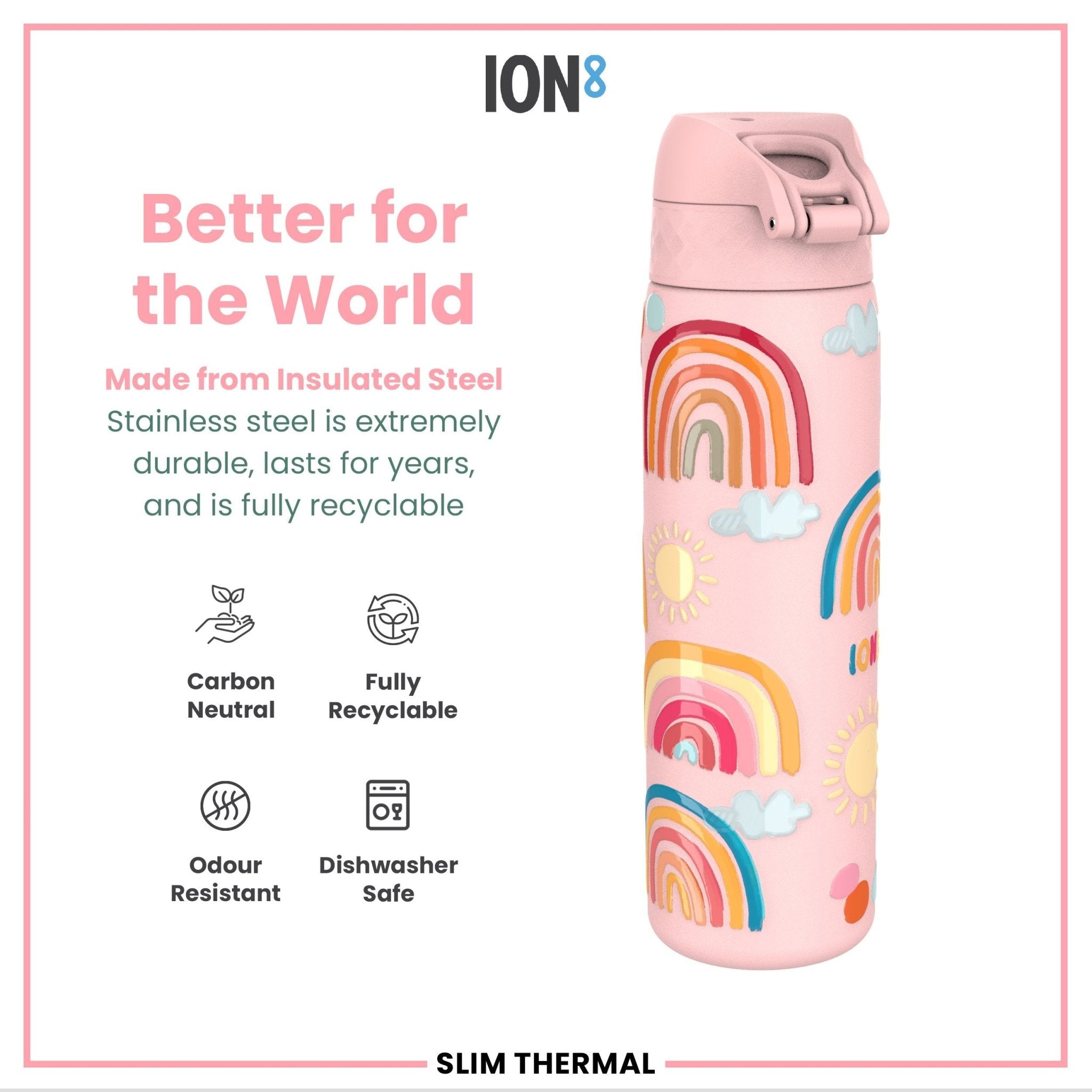 Ion8 leak-proof slim thermal steel water bottle with rainbow design, insulated, 500ml (17oz) for hot and cold beverages.