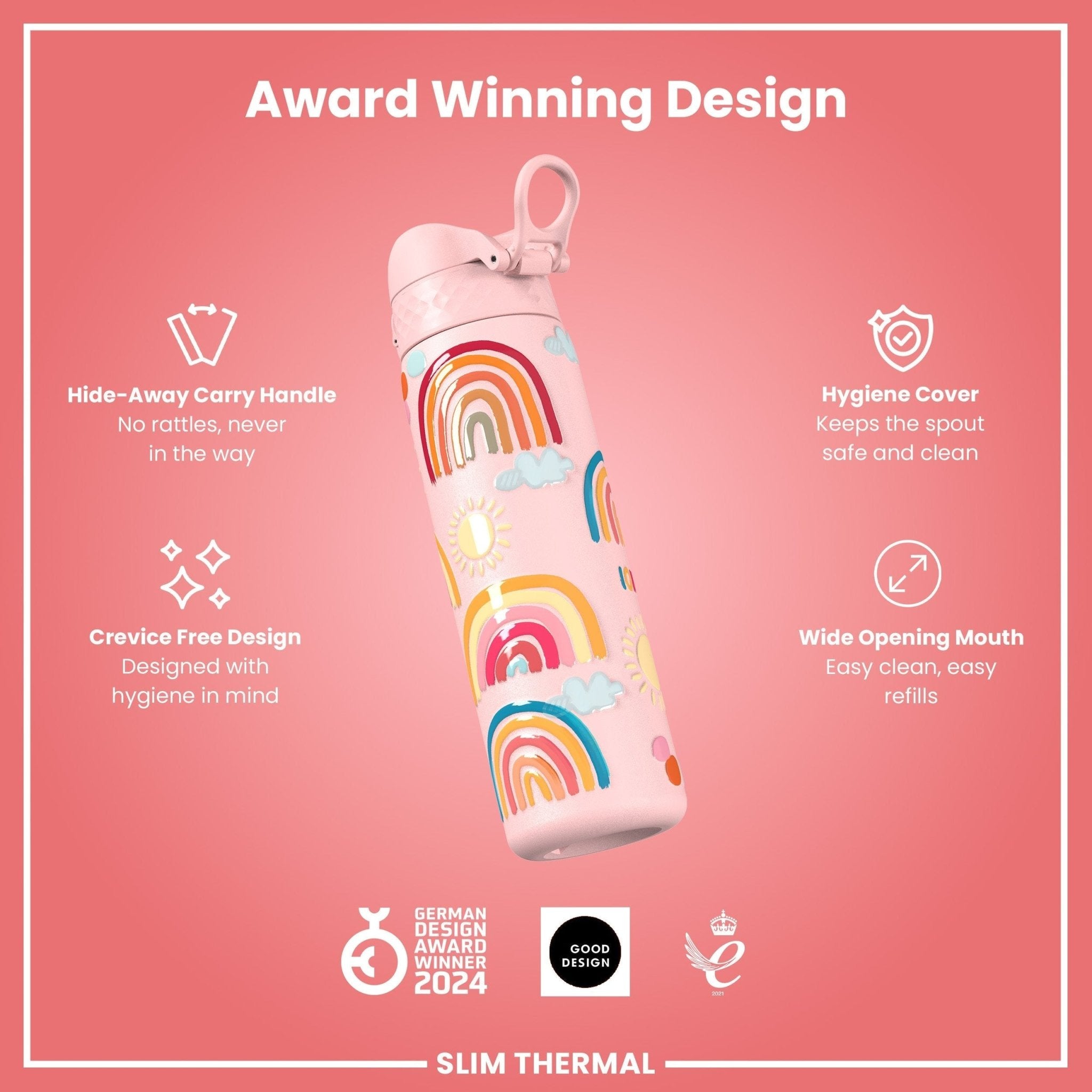 ION8 leak-proof slim thermal steel water bottle with rainbow design, insulated for 500ml (17oz) hydration.