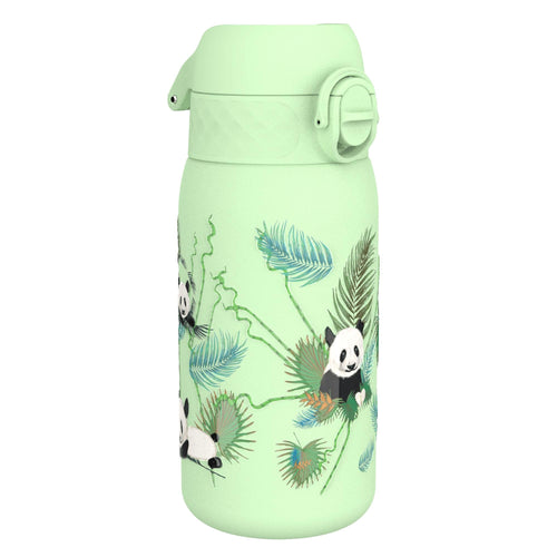 Ion8 leak-proof kids stainless steel water bottle with panda design, 400ml capacity, durable and portable for children.