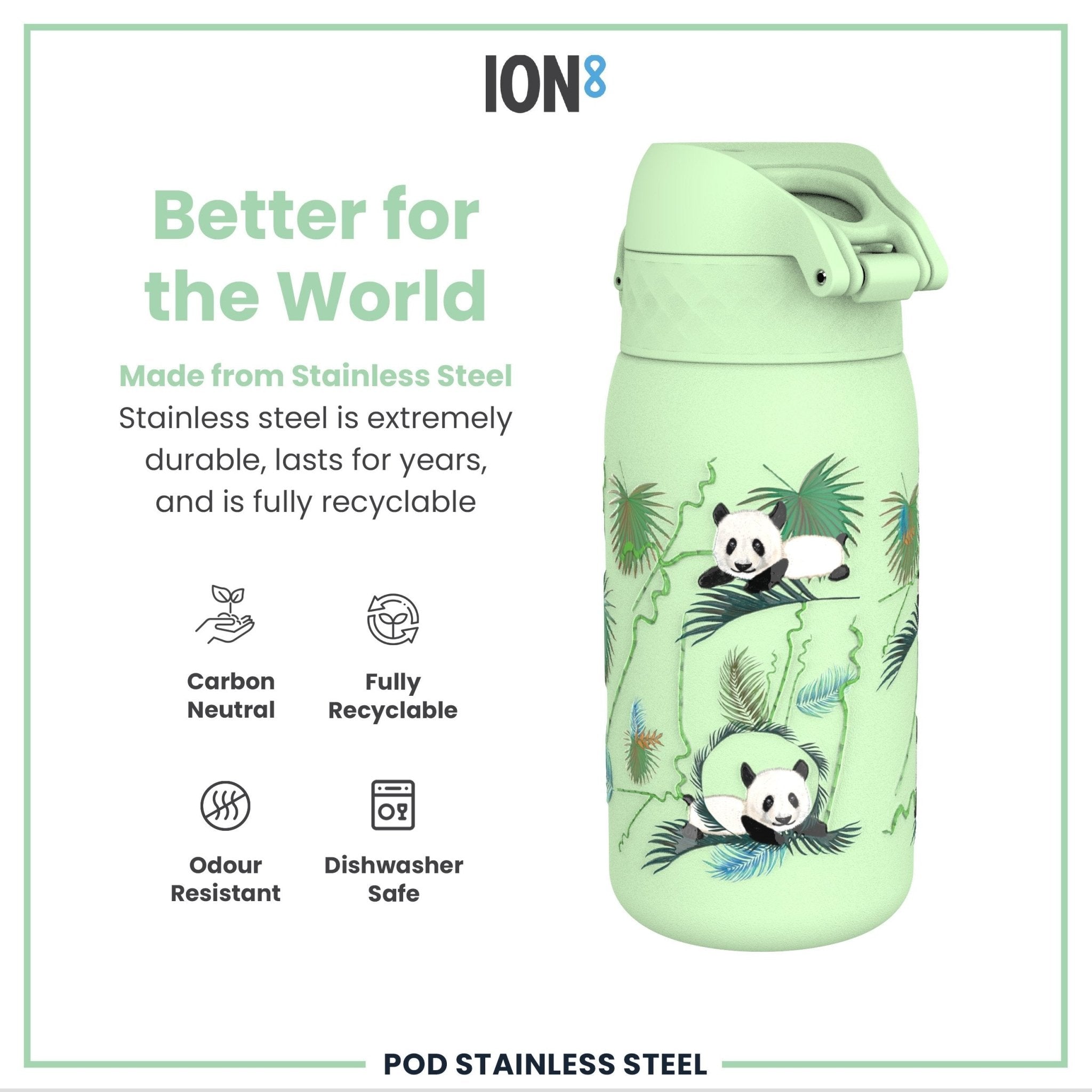 Stainless steel leak-proof kids water bottle with panda design, 400ml capacity, by ION8, featuring a secure lid and colorful panda graphics.