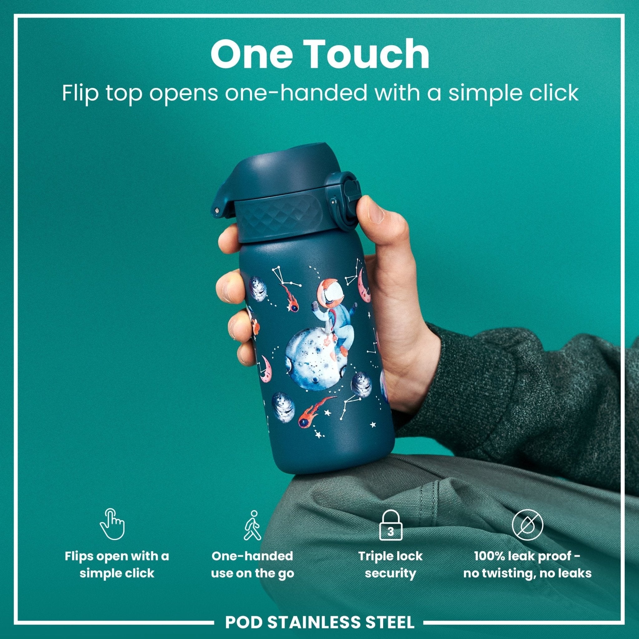 ION8 leak-proof thermal steel water bottle, insulated space-themed design, 320ml (11oz) for hot or cold drinks