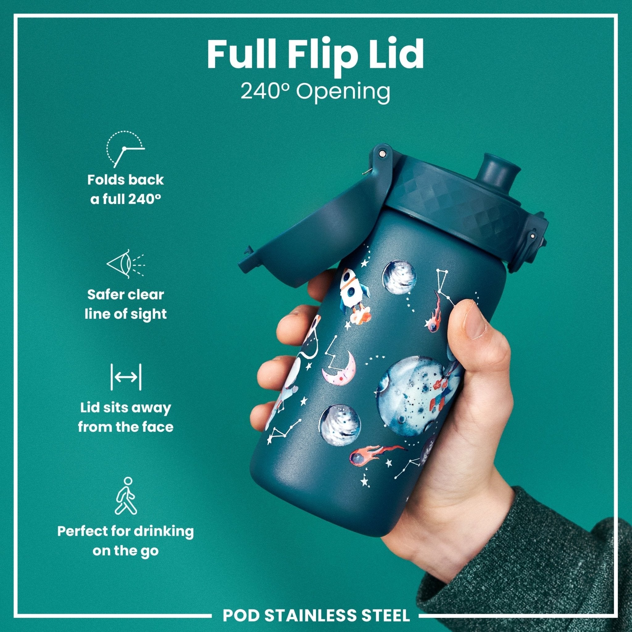 ION8 insulated steel water bottle with leak-proof lid, space-themed design, 320ml capacity, thermal insulation, and sleek finish.