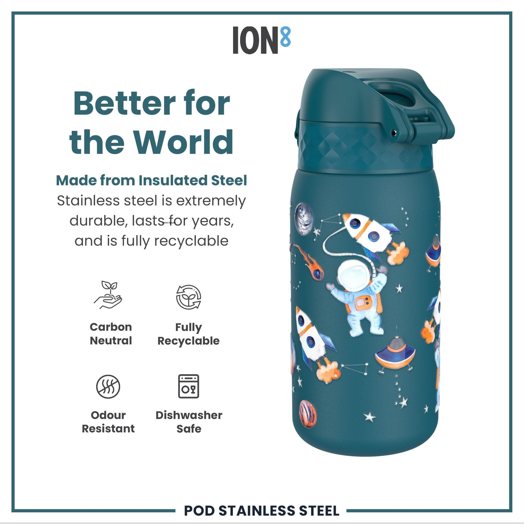 ION8 insulated steel water bottle, leak-proof thermal design with space-themed pattern, 320ml capacity, ideal for hot or cold drinks.