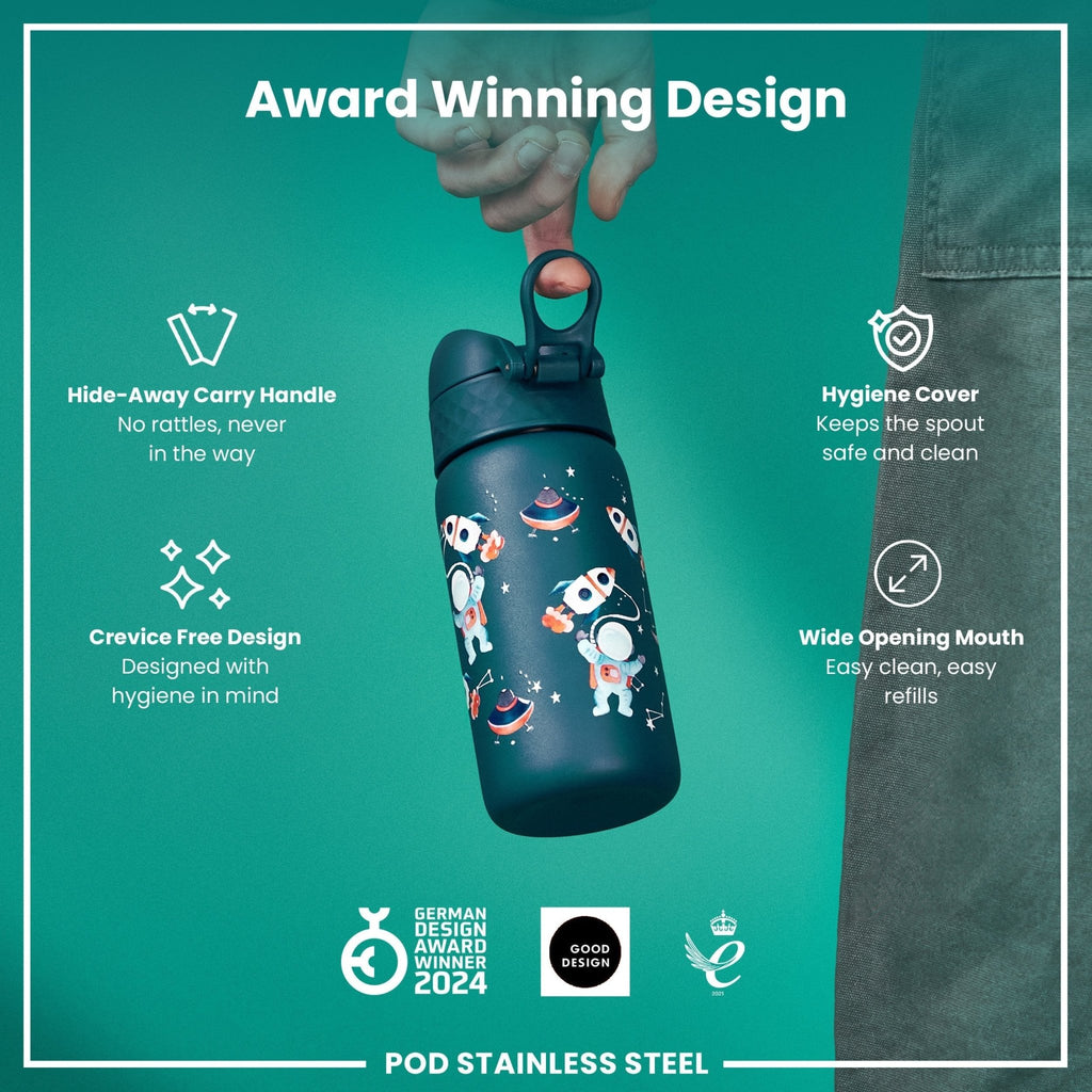 ION8 leak-proof thermal steel water bottle with insulated design, space-themed 320ml (11oz) for hot and cold beverages.