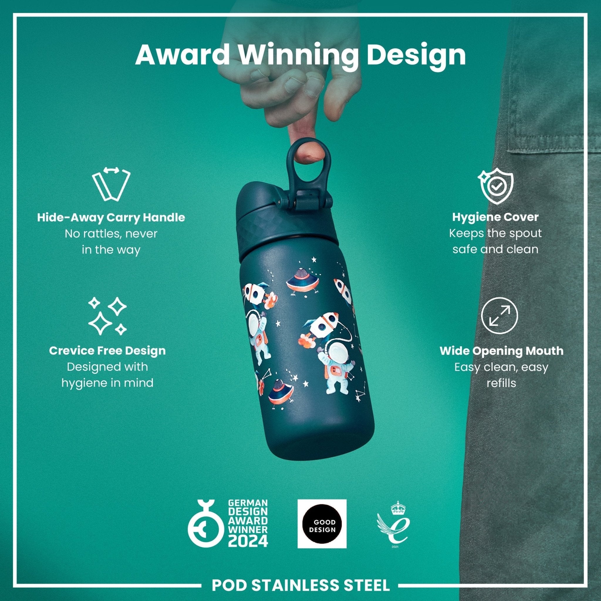 ION8 leak-proof thermal steel water bottle with insulated design, space-themed 320ml (11oz) for hot and cold beverages.