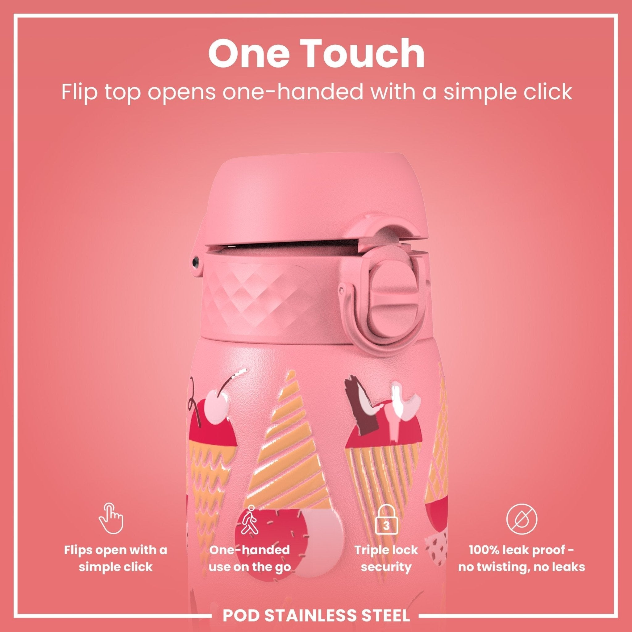 ION8 leak-proof thermal steel water bottle, 320ml insulated bottle with a sleek design and ice cream-inspired colors.