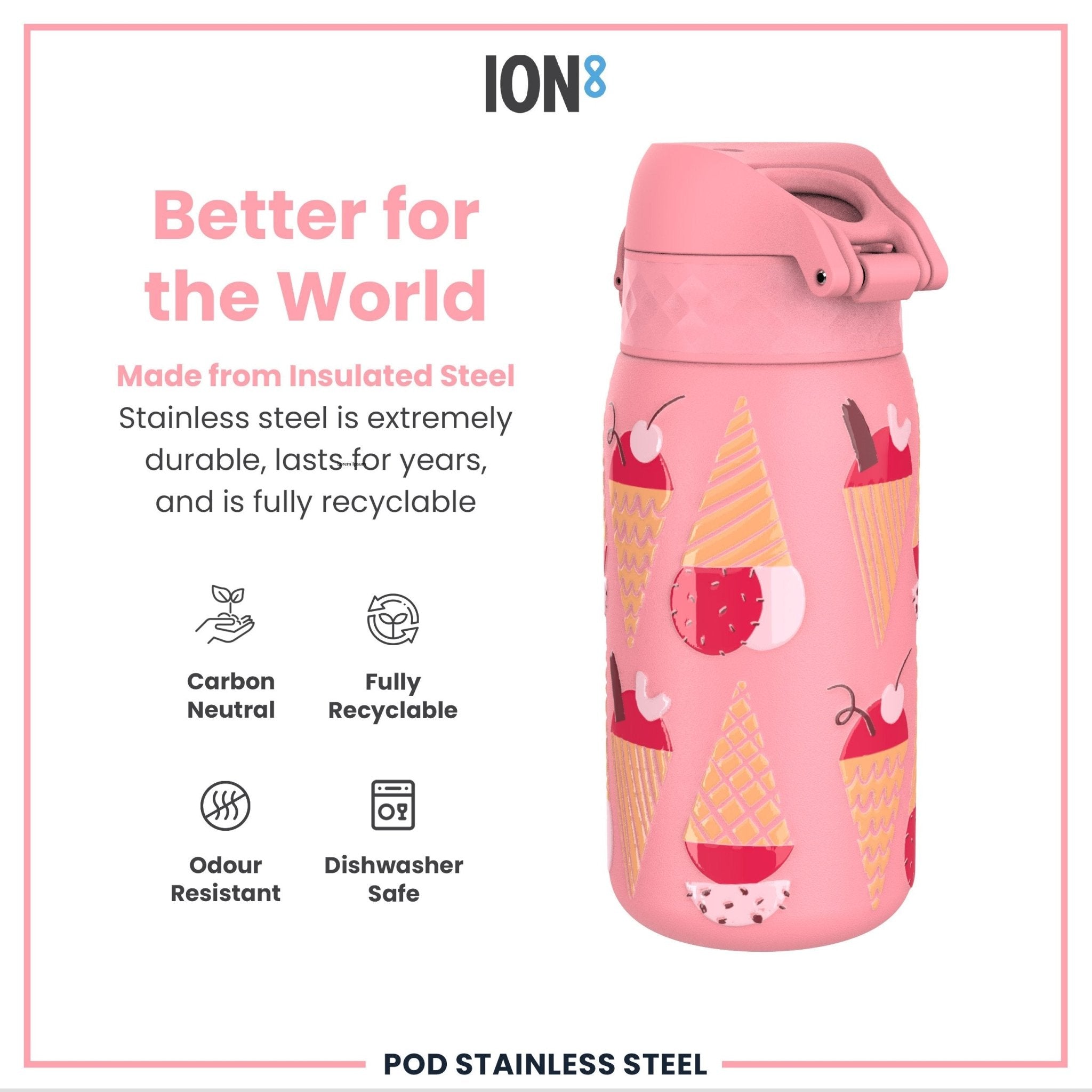 ION8 insulated steel water bottle with leak-proof design, 320ml capacity, perfect for ice creams and keeping drinks cold