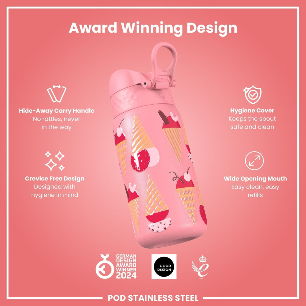 ION8 insulated steel water bottle with leak-proof design, 320ml capacity, perfect for keeping drinks cold or hot.