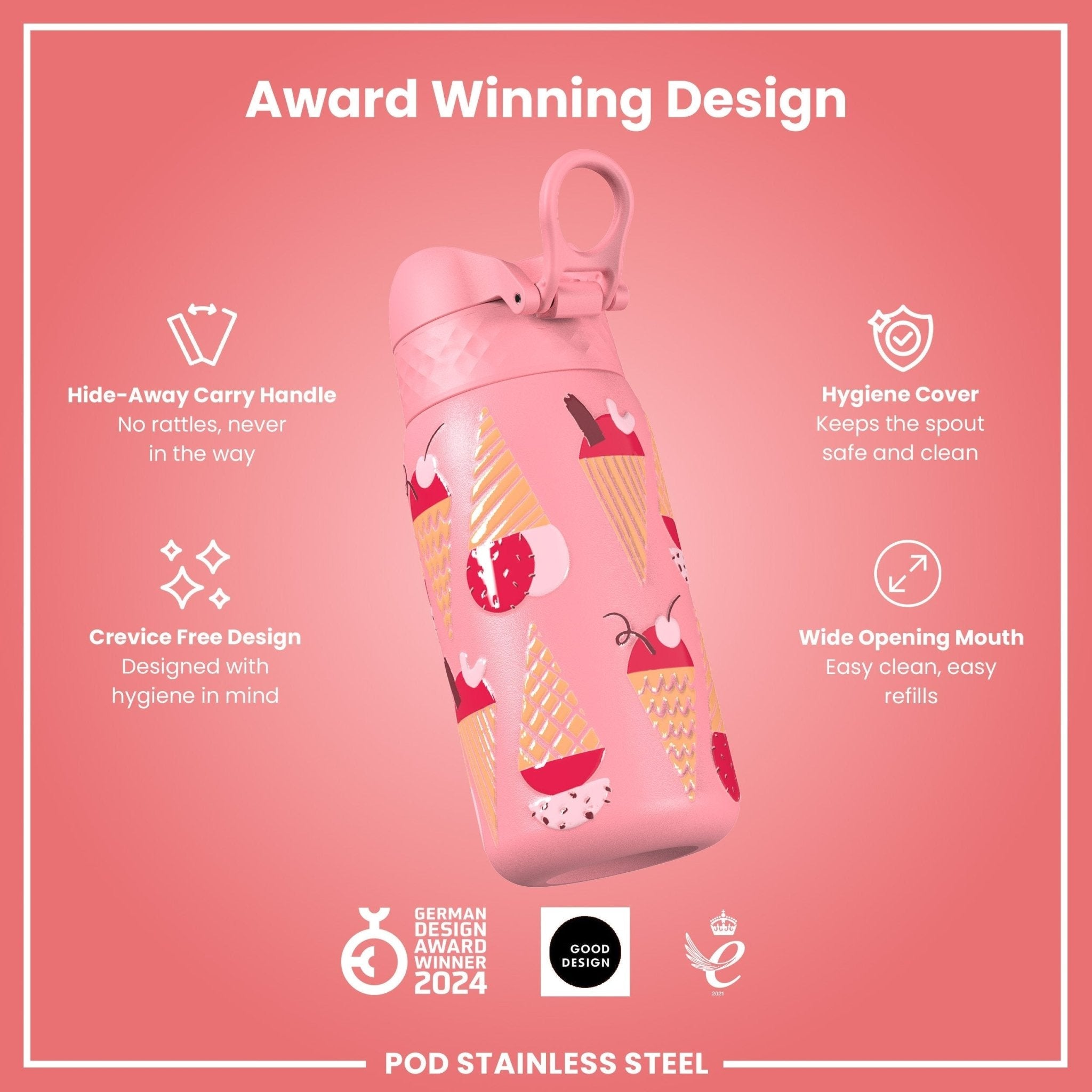 ION8 insulated steel water bottle with leak-proof design, 320ml capacity, perfect for keeping drinks cold or hot.