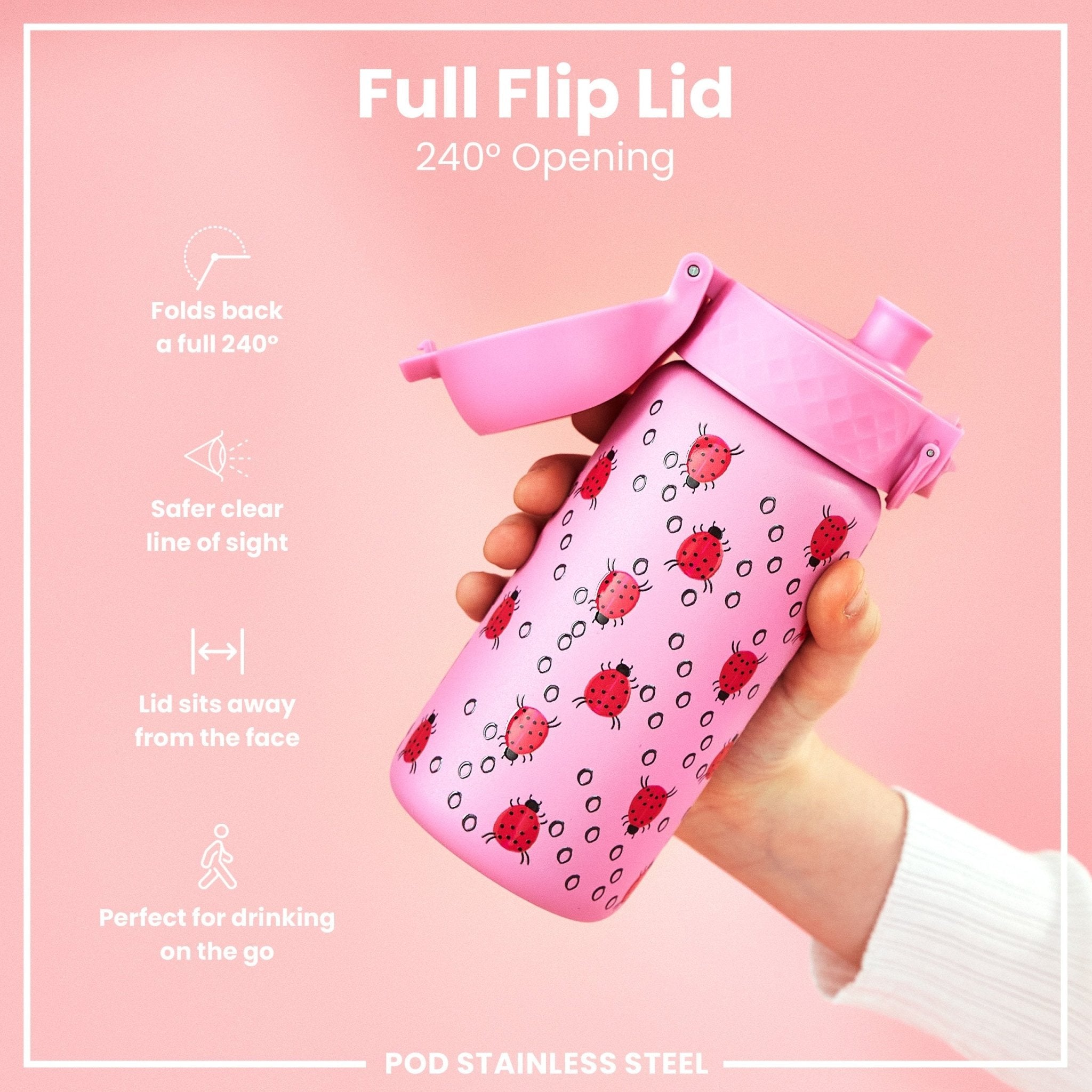 ION8 stainless steel kids water bottle with ladybug design, leak-proof 400ml (13oz) steel water bottle for children.