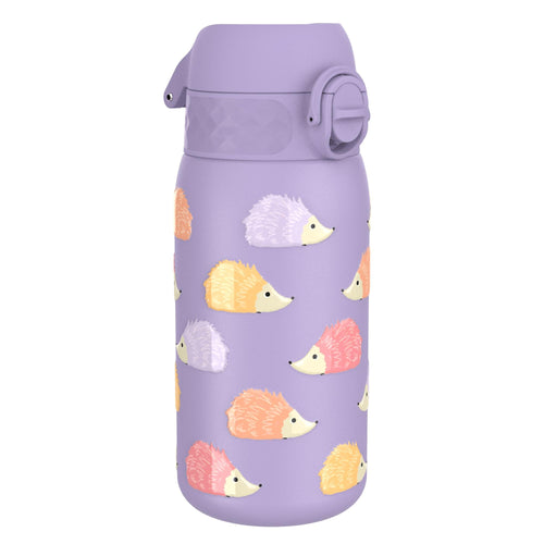 ION8 leak-proof kids water bottle with stainless steel body featuring hedgehog design, 400ml capacity, and secure lid.