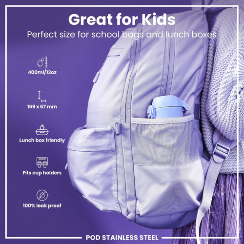 ION8 leak-proof kids water bottle with stainless steel body featuring hedgehog design, 400ml capacity, and secure lid.