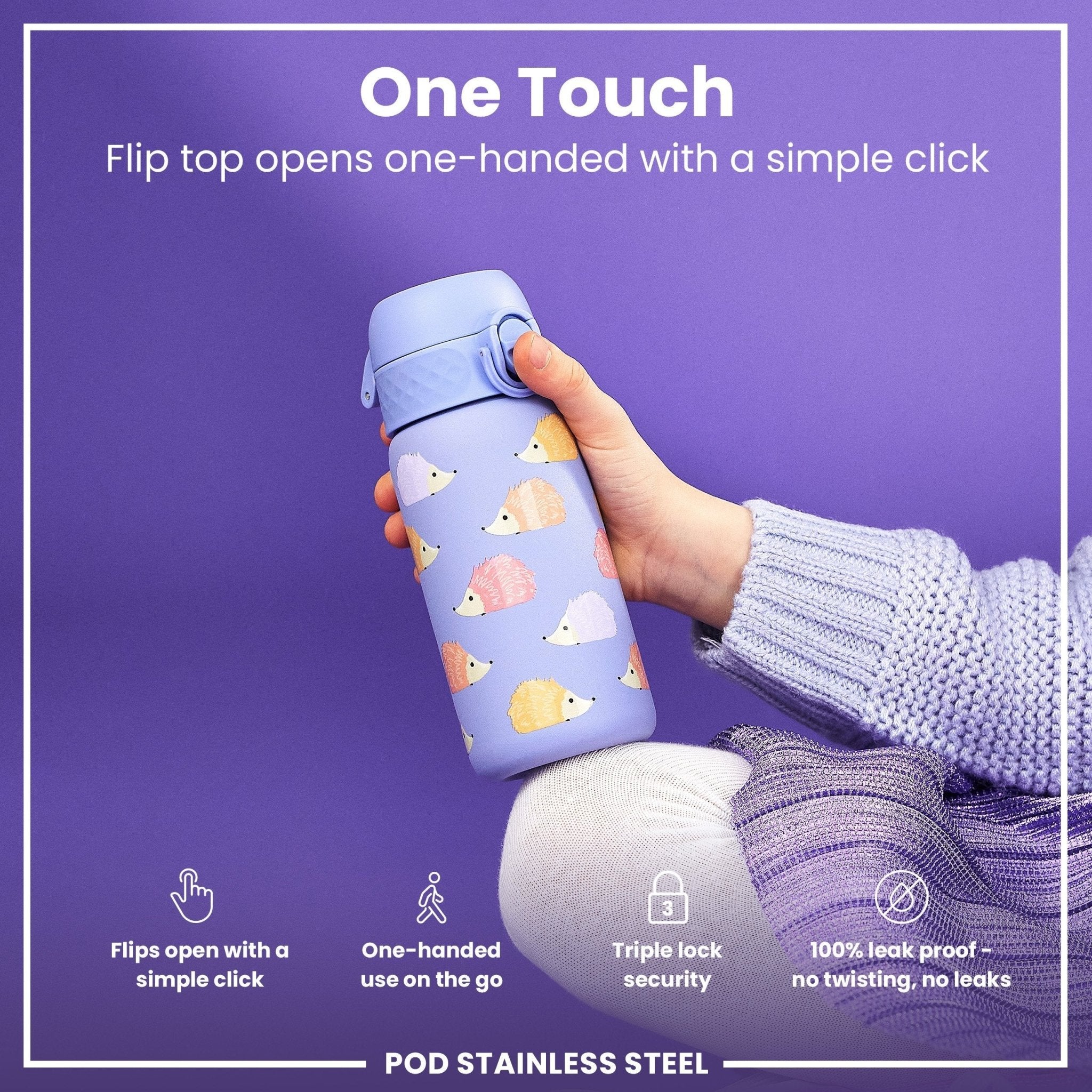 Ion8 leak-proof kids water bottle in stainless steel with hedgehog design, 400ml capacity, ideal for children.