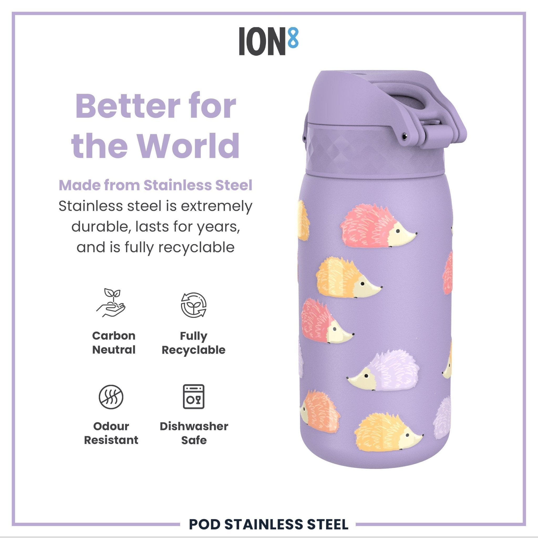 Leak-proof kids stainless steel water bottle with hedgehog design, 400ml capacity, durable ION8 steel water bottle for children