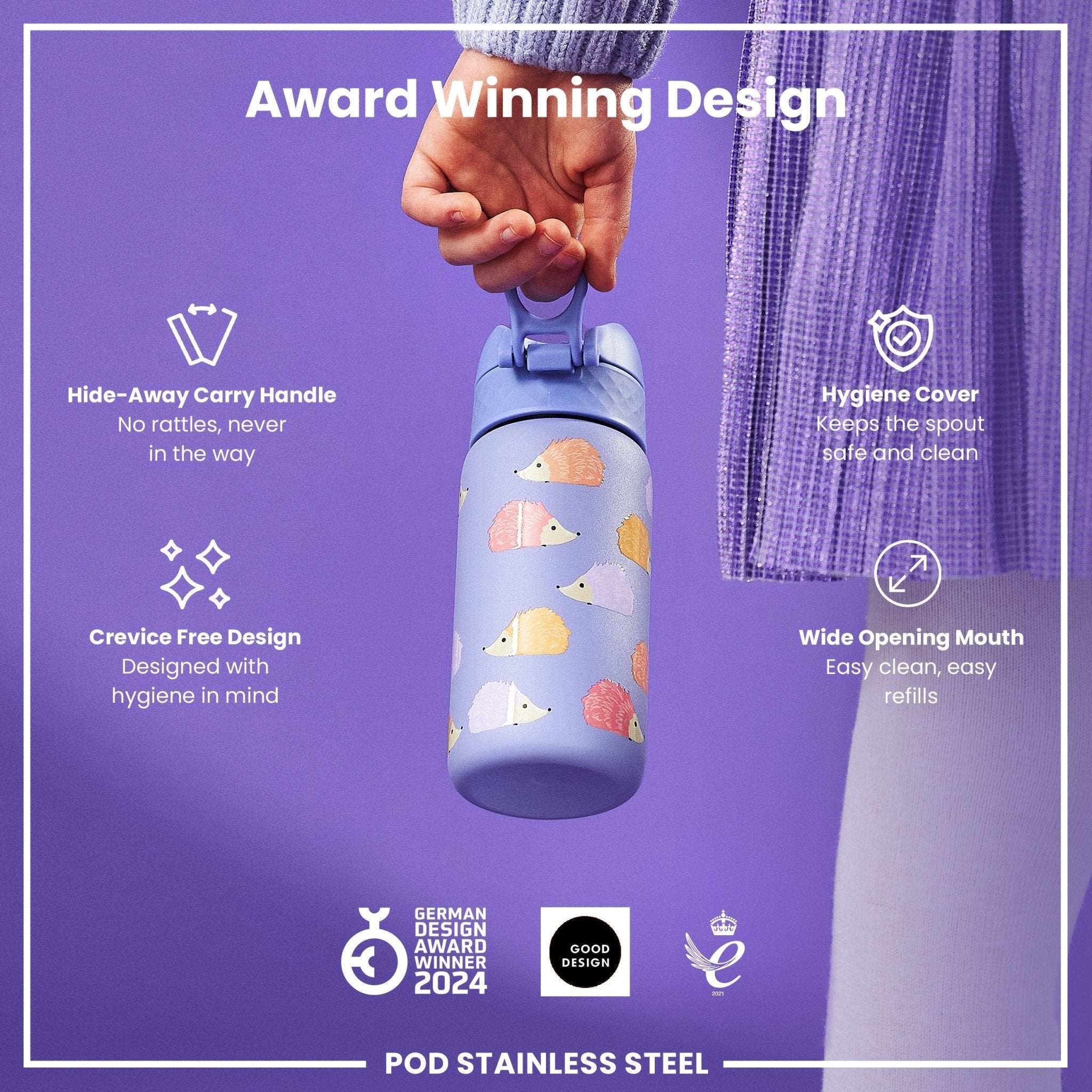 ION8 leak-proof kids water bottle with stainless steel body featuring hedgehog design, 400ml capacity, durable and safe for children