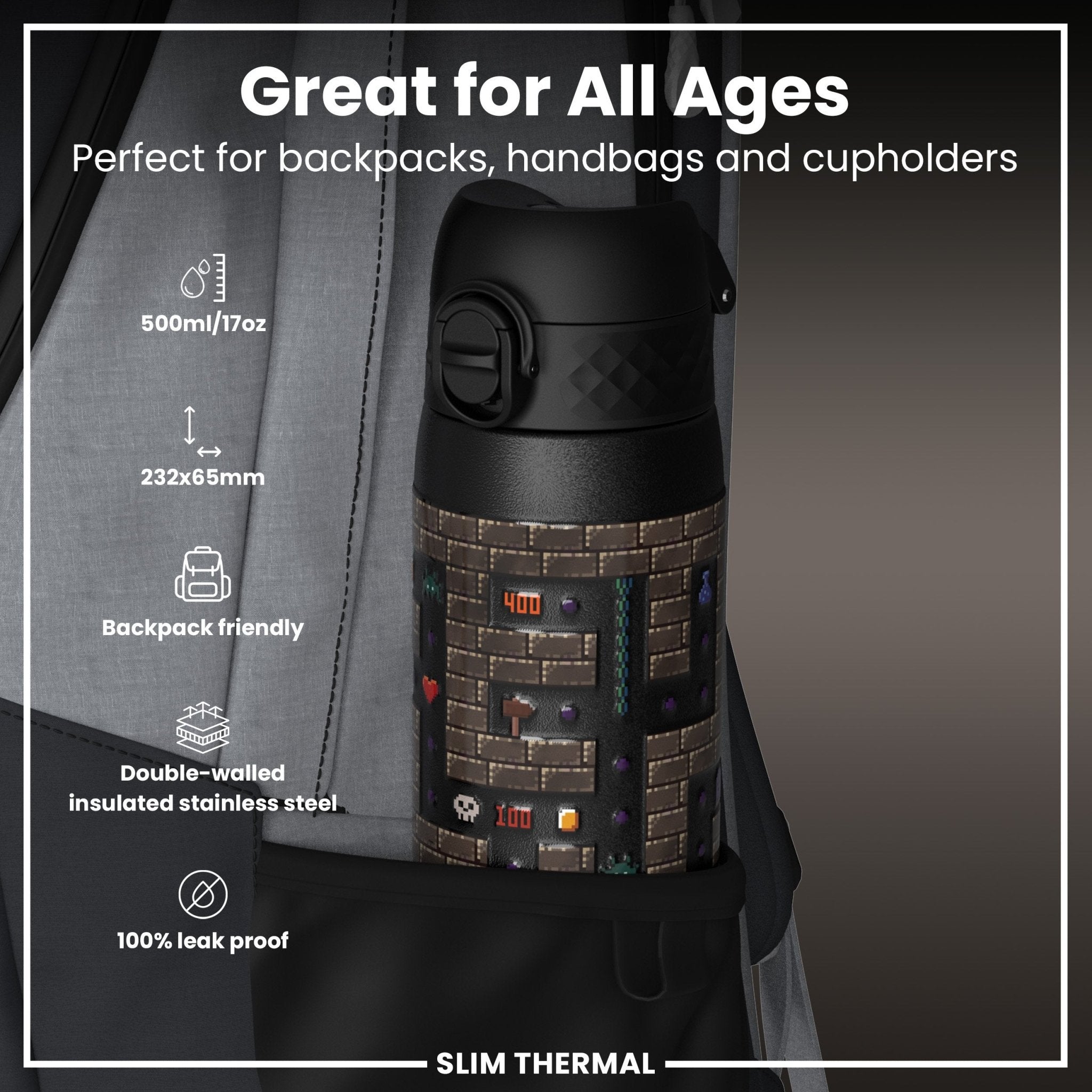 Ion8 leak-proof slim thermal water bottle with insulated steel, 500ml, designed for gamers, showing the sleek, insulated design.