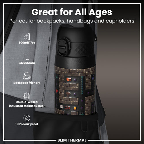 Ion8 leak-proof slim thermal water bottle with insulated steel, 500ml, designed for gamers, showing the sleek, insulated design.