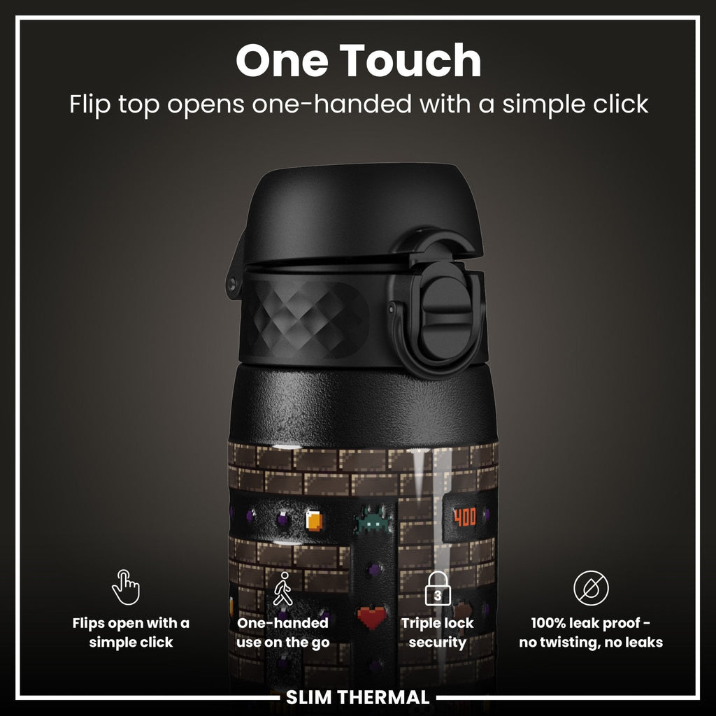 ION8 leak-proof slim thermal water bottle with insulated steel design, 500ml capacity, ideal for gamers and on-the-go hydration.