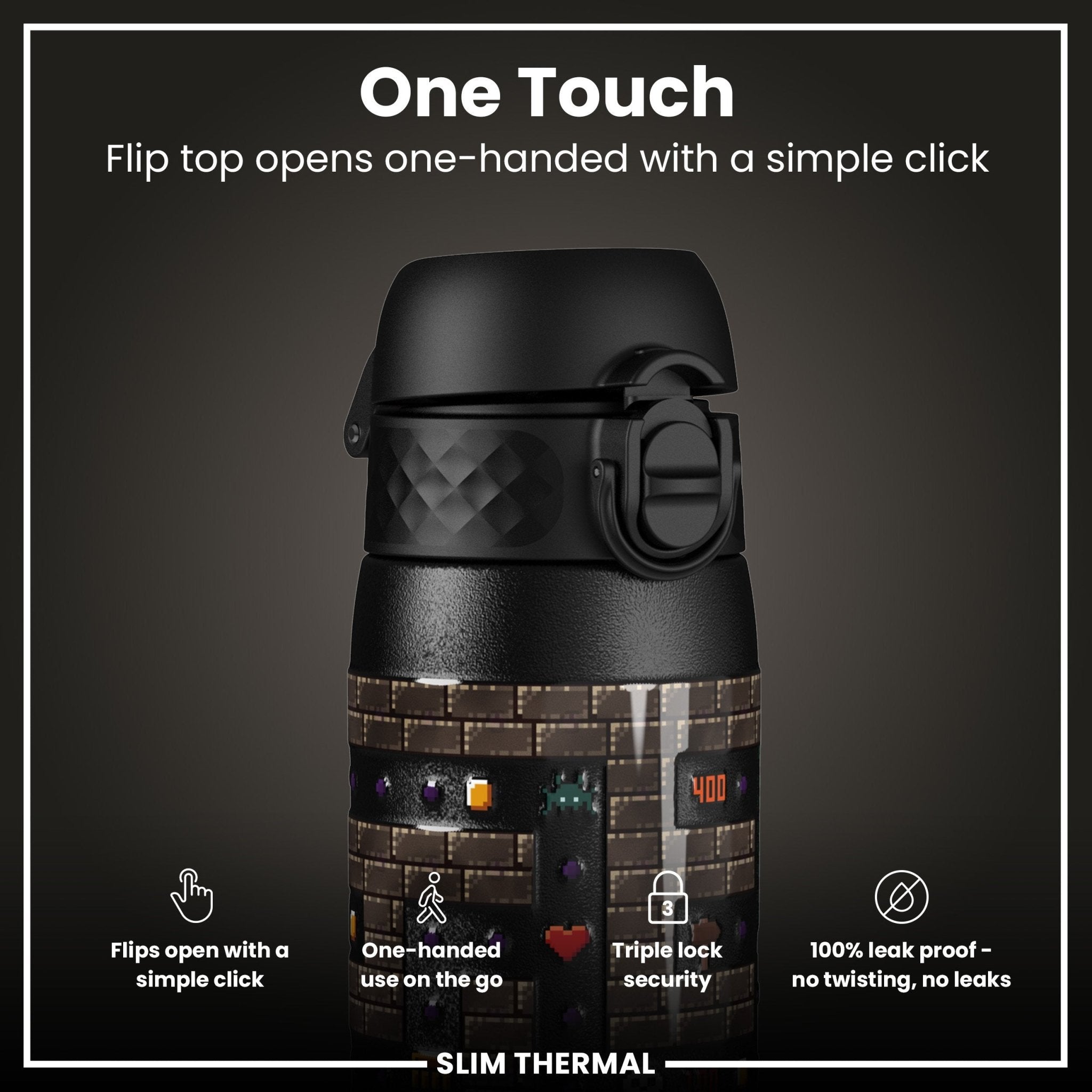 ION8 leak-proof slim thermal water bottle with insulated steel design, 500ml capacity, ideal for gamers and on-the-go hydration.