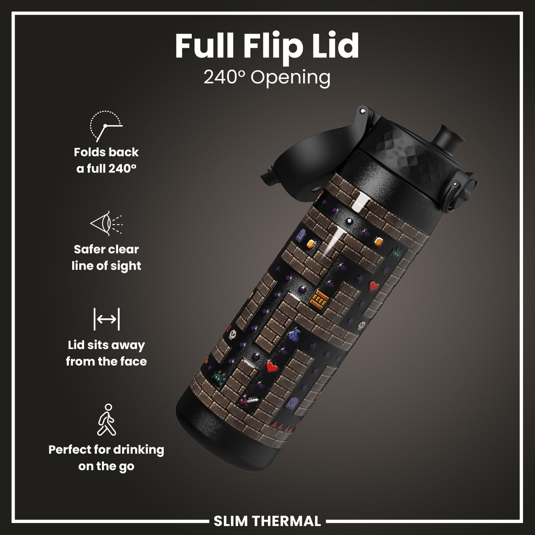 ION8 Leak Proof Slim Thermal Water Bottle, 500ml insulated steel gamer water bottle, showing the sleek design and secure lid