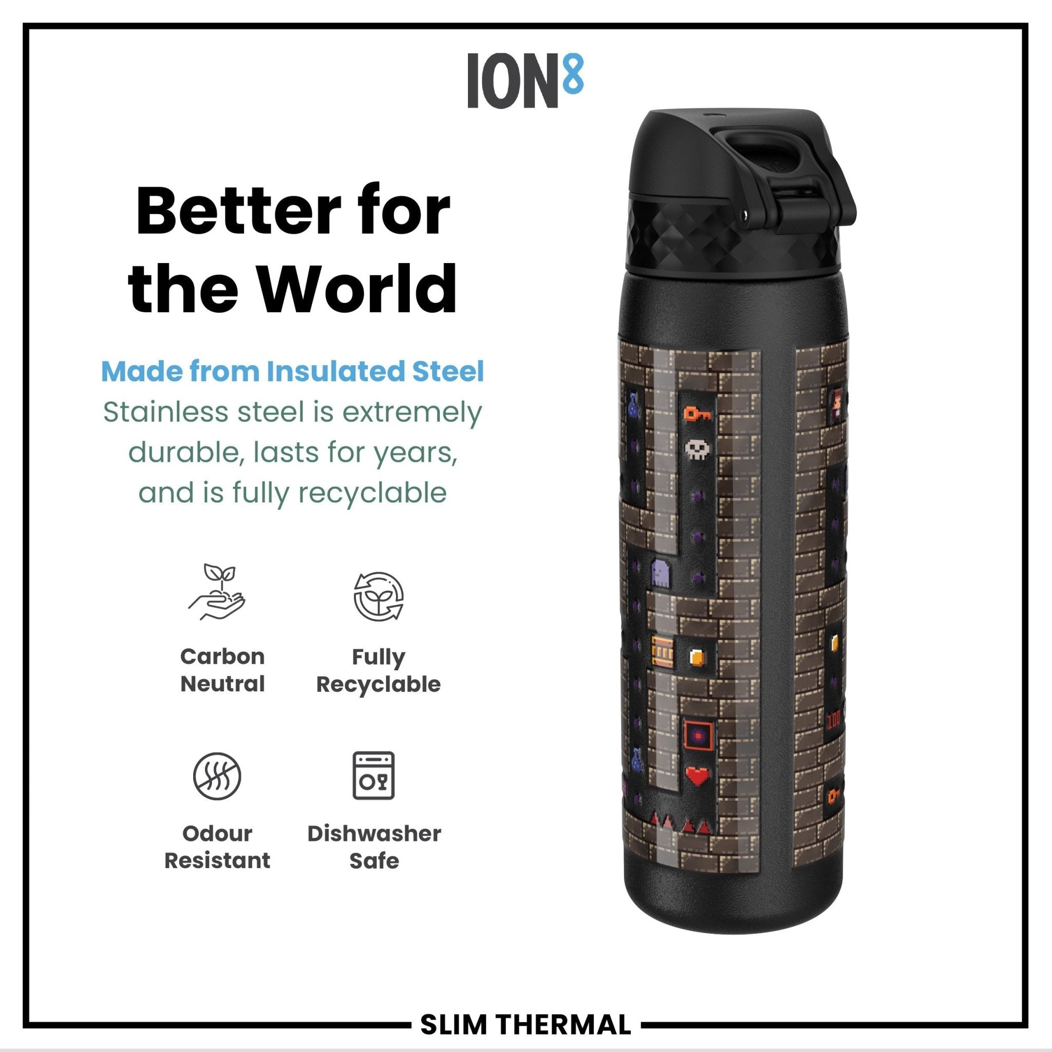 Ion8 leak-proof slim thermal steel water bottle, 500ml insulated design with gamer-themed graphics, ideal for hot and cold beverages