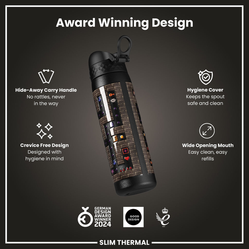 Ion8 leak-proof slim thermal steel water bottle, 500ml insulated gamer design, showing the sleek, stainless steel exterior.