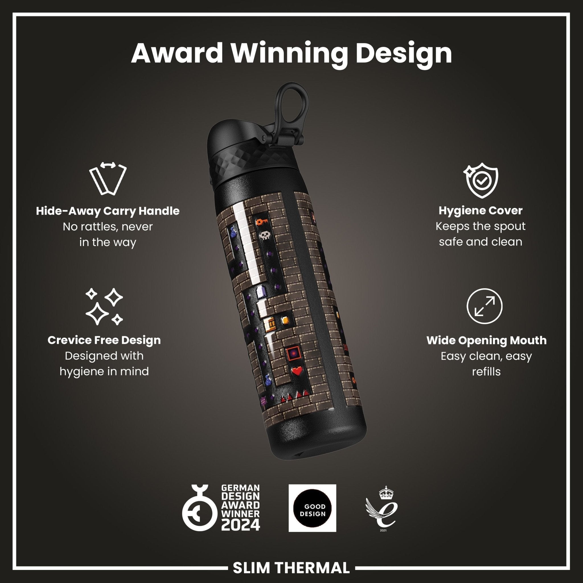 Ion8 leak-proof slim thermal steel water bottle, 500ml insulated gamer design, showing the sleek, stainless steel exterior.
