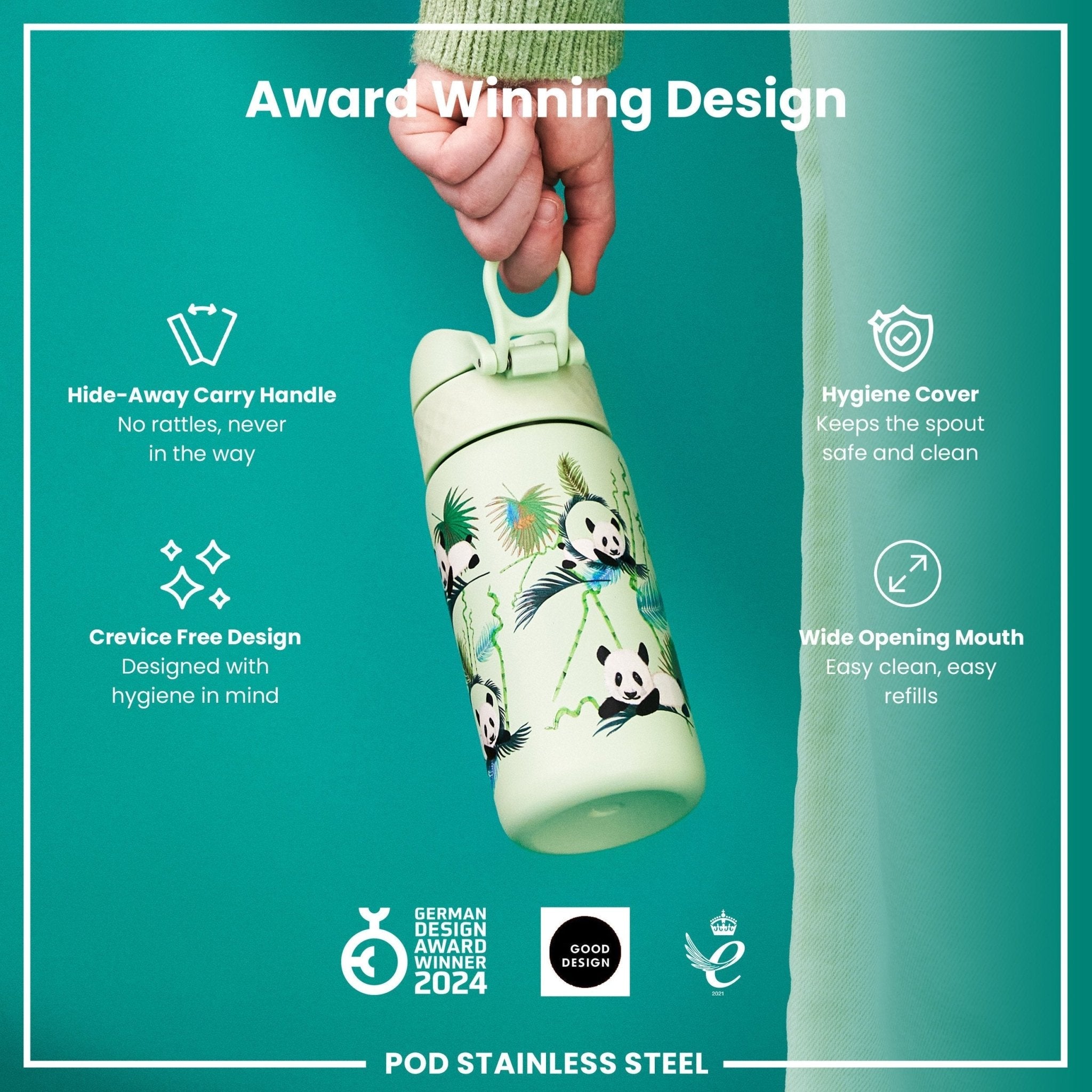 Insulated ION8 steel water bottle with panda design, leak-proof thermal bottle, 320ml capacity, suitable for hot and cold drinks.