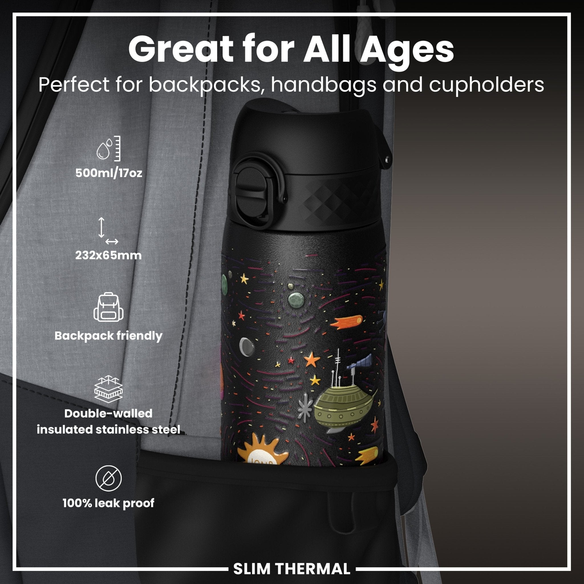 Ion8 leak-proof slim thermal water bottle with spaceship design, 500ml insulated steel water bottle for hot and cold drinks.