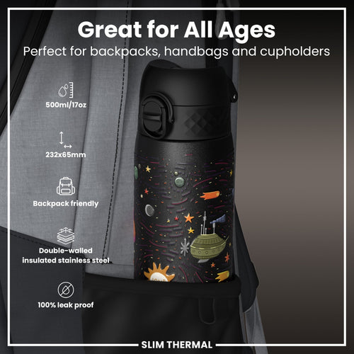 Ion8 leak-proof slim thermal water bottle with spaceship design, 500ml insulated steel water bottle for hot and cold drinks.
