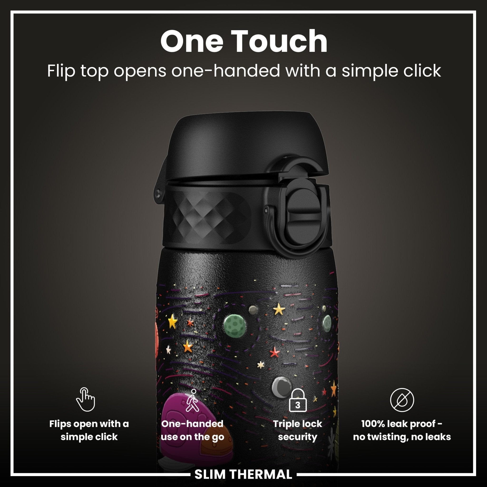ION8 leak-proof slim thermal water bottle with spaceship design, 500ml insulated steel water bottle for hot and cold drinks.