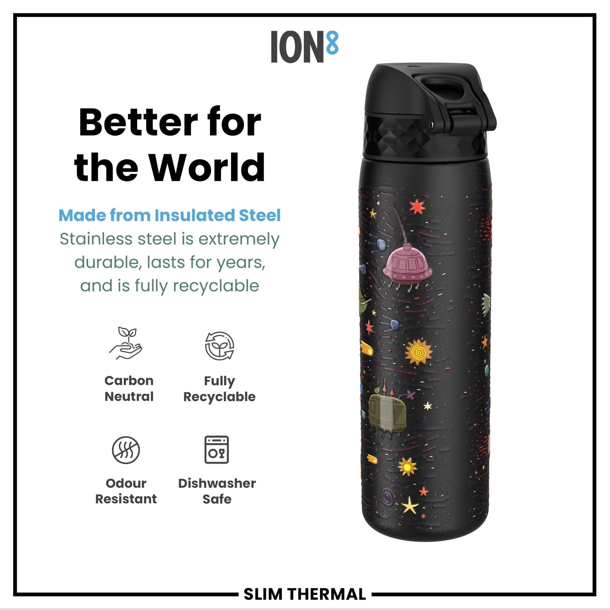 Ion8 leak-proof slim thermal water bottle with spaceship design, 500ml insulated steel drink container showing the sleek, insulated exterior.