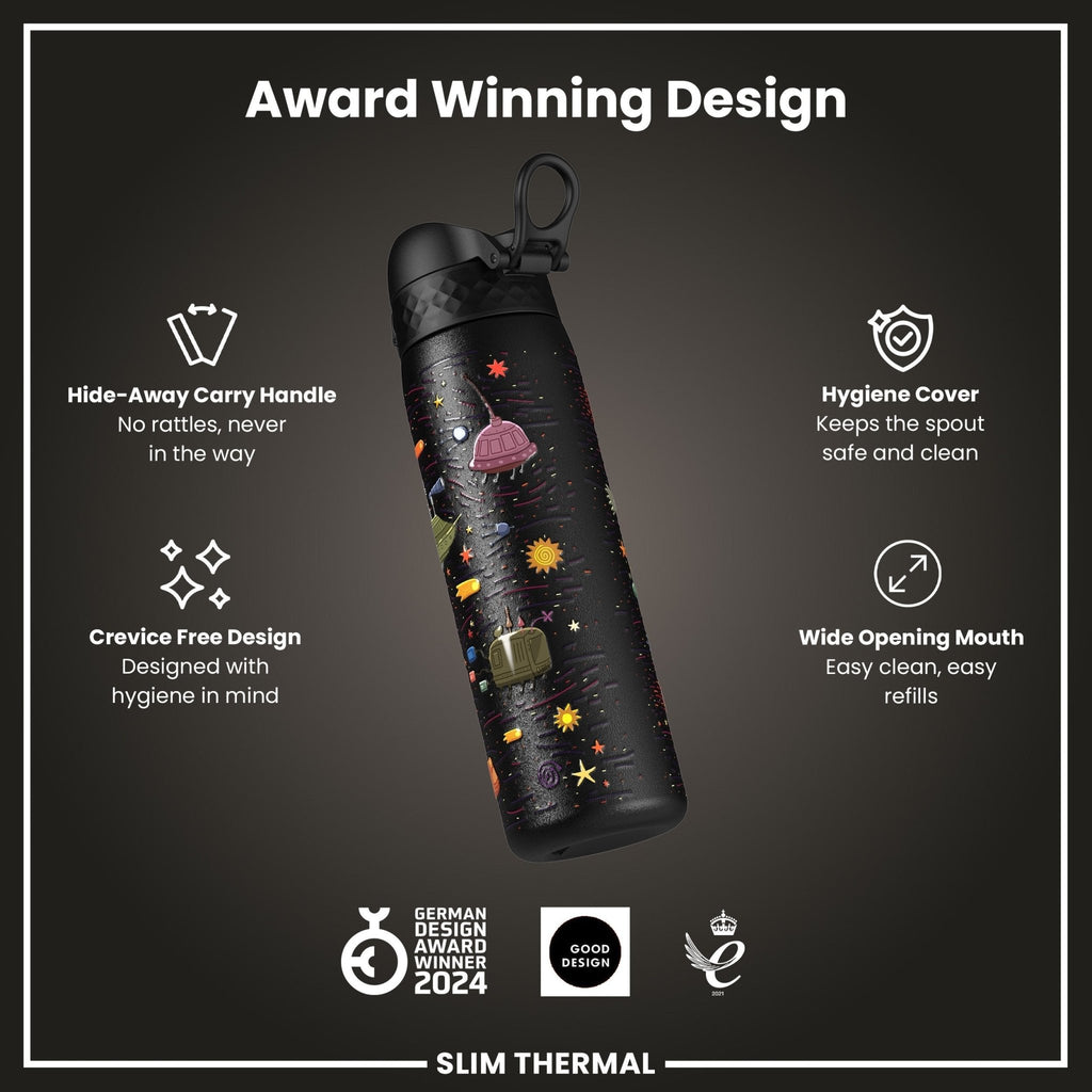 ION8 leak-proof slim thermal water bottle with spaceship design, 500ml insulated steel water bottle for hot and cold drinks.