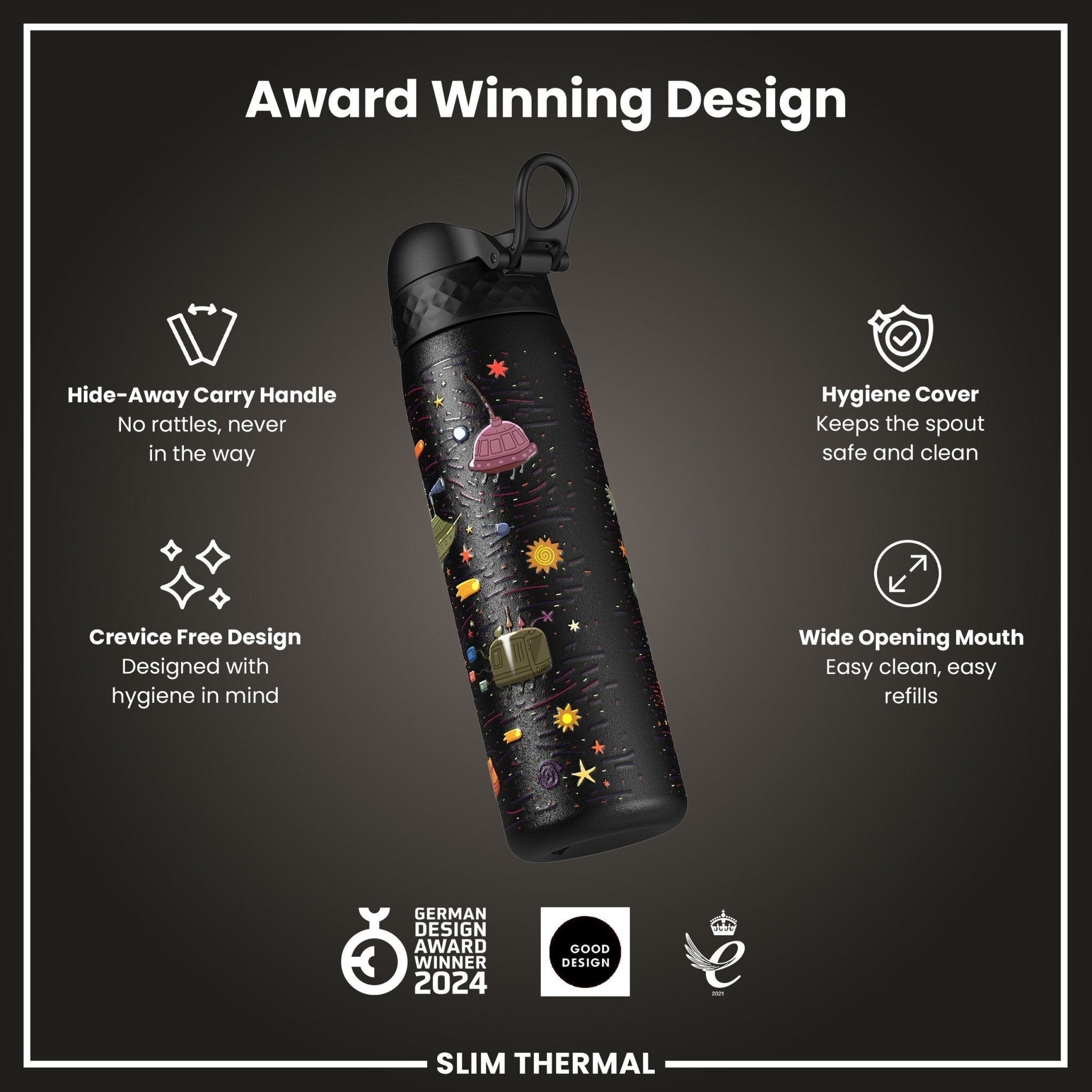 ION8 leak-proof slim thermal water bottle with spaceship design, 500ml insulated steel water bottle for hot and cold drinks.