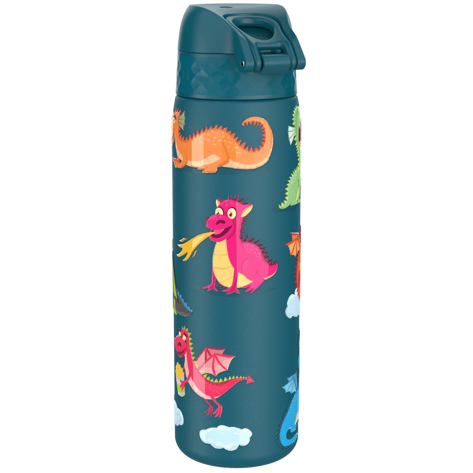 Ion8 leak-proof stainless steel water bottle with dragon design, 600ml (20oz) slim water bottle for hydration.