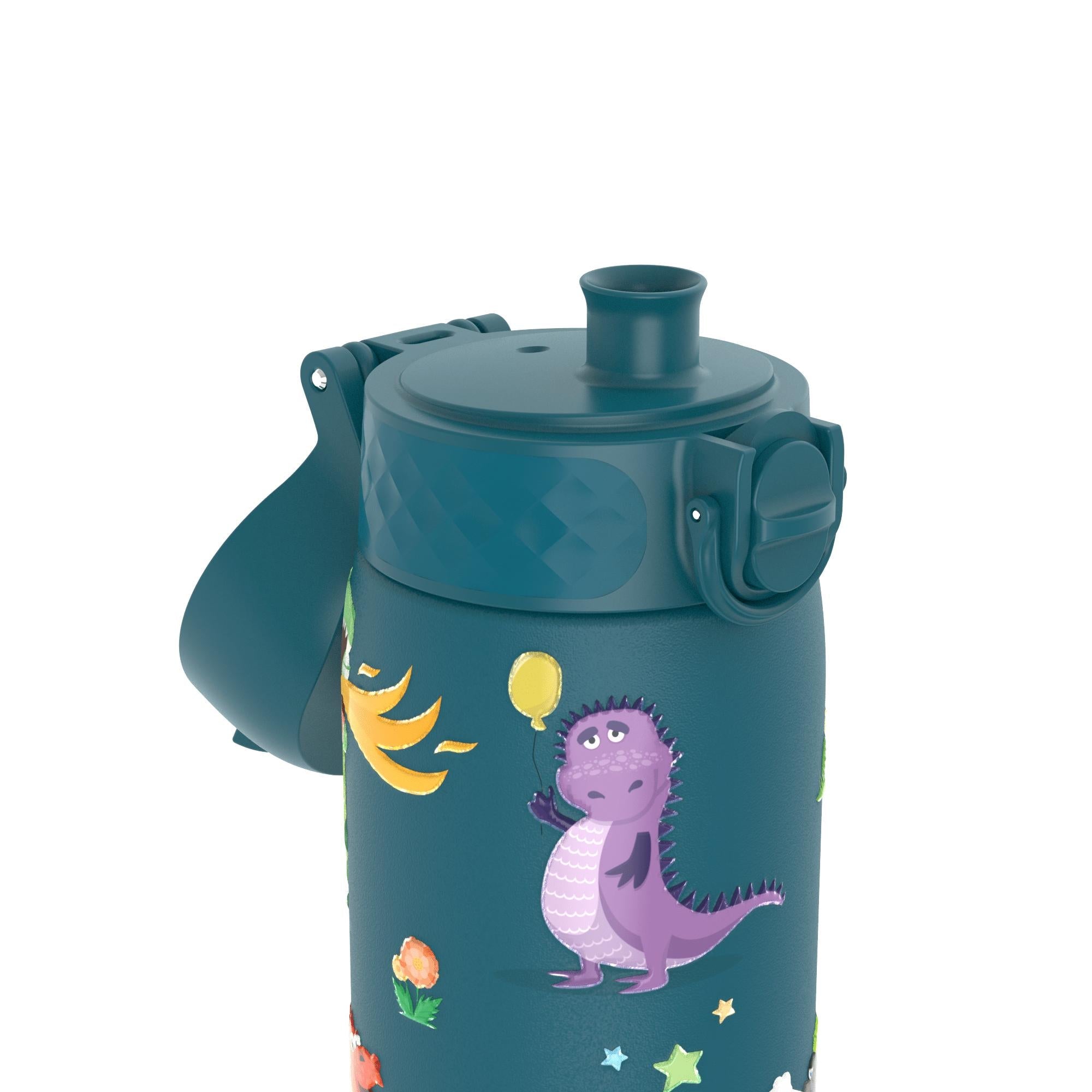 ION8 stainless steel leak-proof slim water bottle with dragon design, 600ml (20oz) capacity, durable and portable.