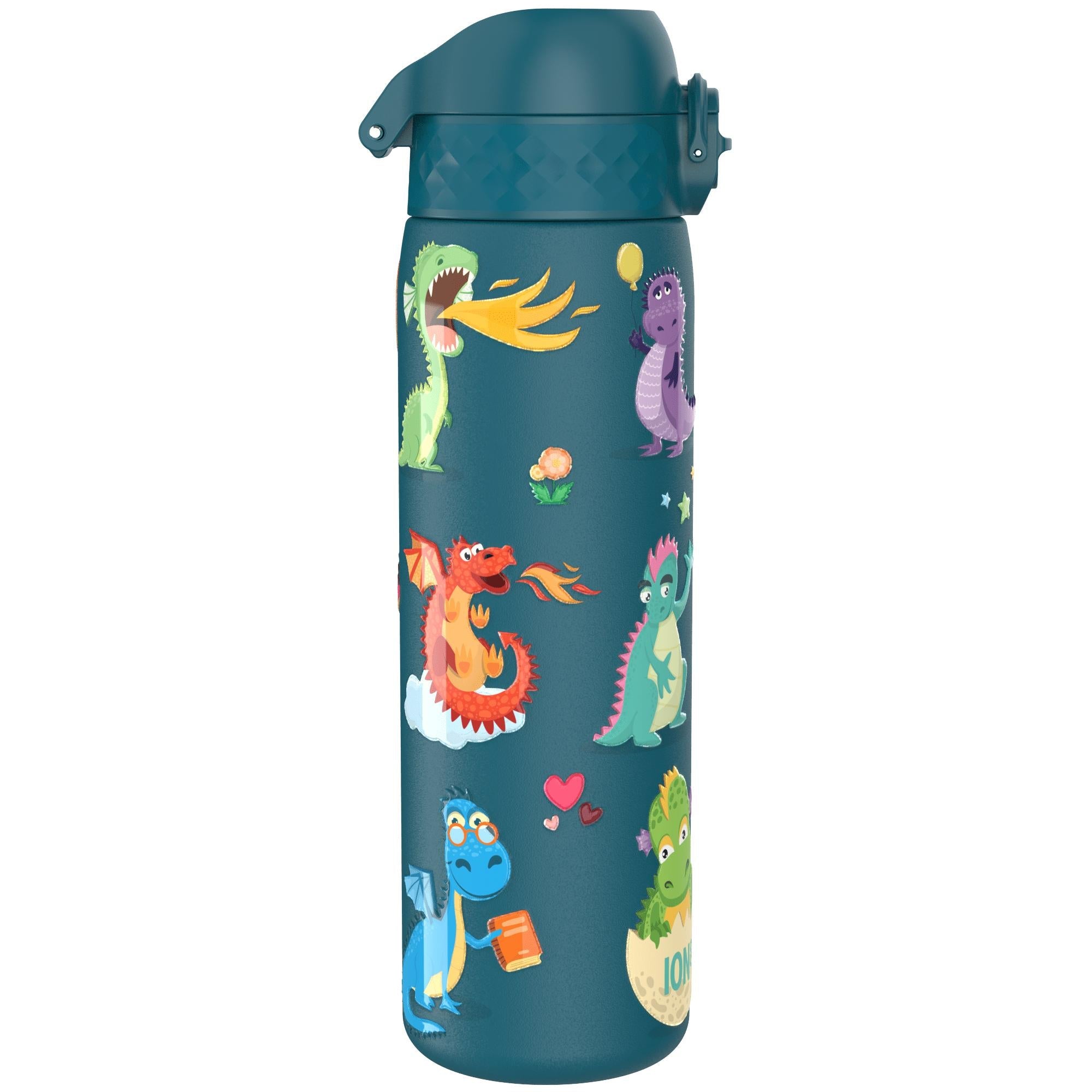 Ion8 stainless steel leak-proof water bottle featuring a dragon design, 600ml (20oz) capacity, slim and durable for daily hydration.