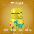 Ion8 stainless steel kids water bottle with dinosaur design, leak-proof 400ml (13oz) for children, durable and BPA-free.