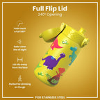 Ion8 leak-proof stainless steel kids water bottle with dinosaur design, 400ml capacity, durable and colorful for children.