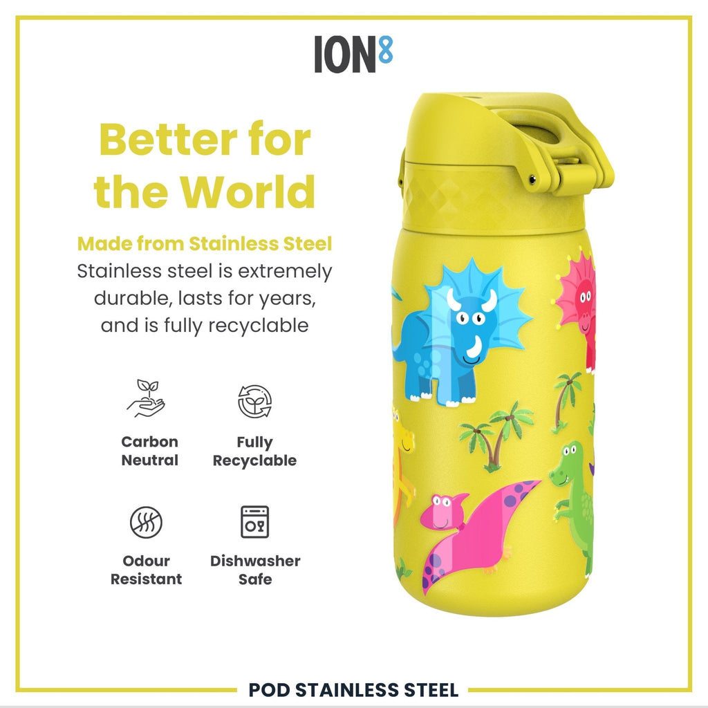 Leak-proof kids' stainless steel water bottle with dinosaur design, 400ml capacity by ION8.